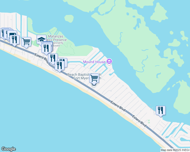 map of restaurants, bars, coffee shops, grocery stores, and more near 185 Mid Island Drive in Fort Myers Beach