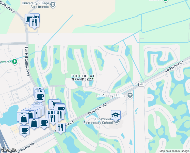 map of restaurants, bars, coffee shops, grocery stores, and more near 20138 Markward Crossing in Estero