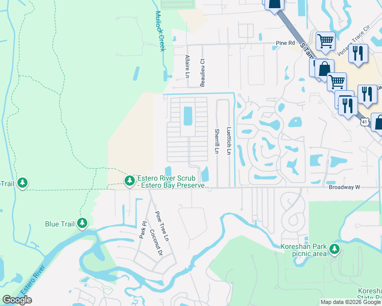 map of restaurants, bars, coffee shops, grocery stores, and more near 4621 Lafayette Lane East in Estero