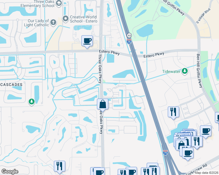 map of restaurants, bars, coffee shops, grocery stores, and more near 20310 Estero Gardens Circle in Estero