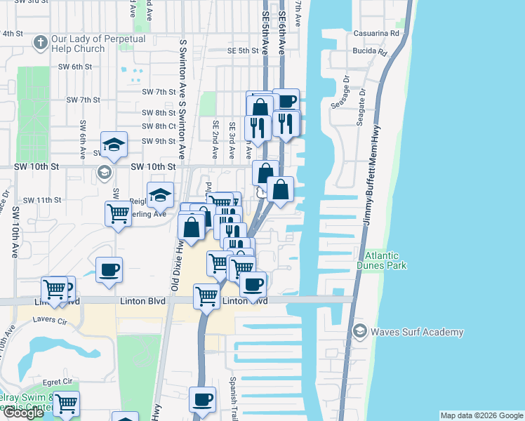 map of restaurants, bars, coffee shops, grocery stores, and more near 1050 South Federal Highway in Delray Beach