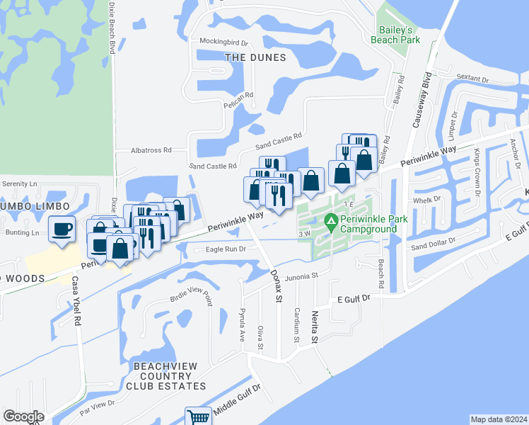 map of restaurants, bars, coffee shops, grocery stores, and more near 1245 Periwinkle Way in Sanibel