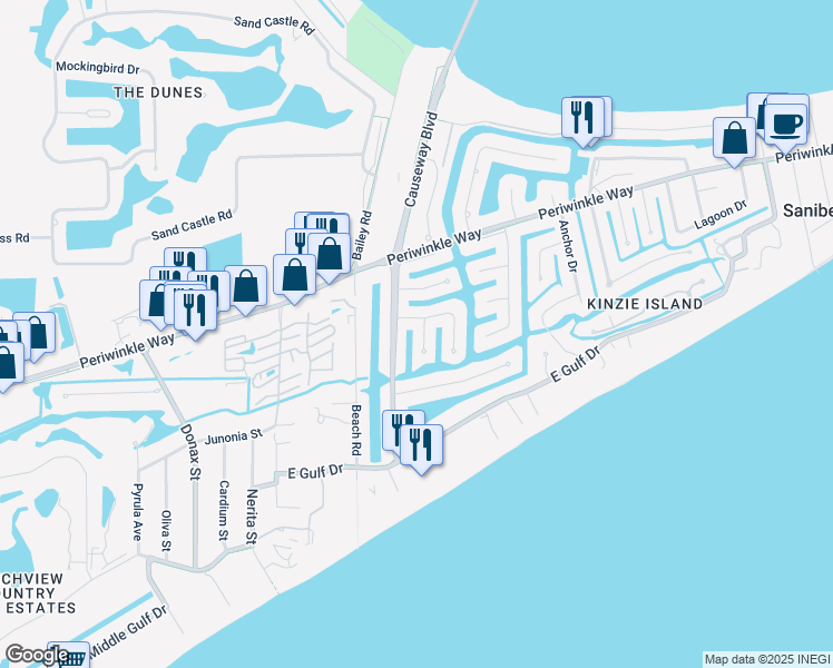 map of restaurants, bars, coffee shops, grocery stores, and more near 999 Whelk Drive in Sanibel