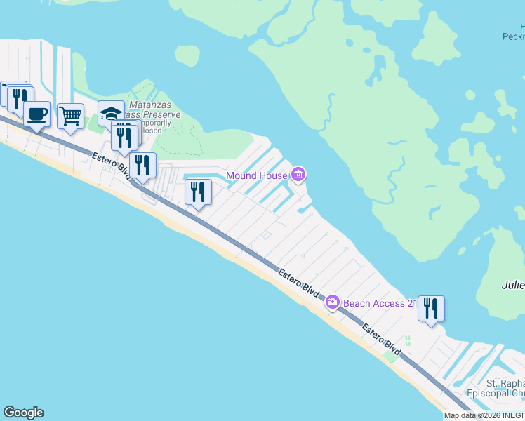 map of restaurants, bars, coffee shops, grocery stores, and more near 3409 Shell Mound Boulevard in Fort Myers Beach