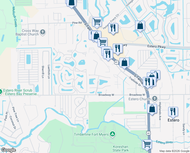 map of restaurants, bars, coffee shops, grocery stores, and more near 3788 Pino Vista Way in Estero
