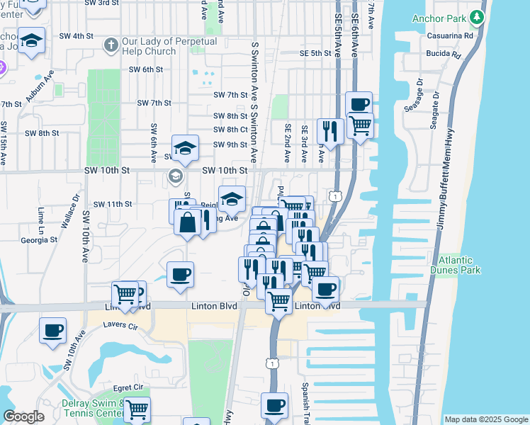 map of restaurants, bars, coffee shops, grocery stores, and more near 1102 Swinton Avenue in Delray Beach
