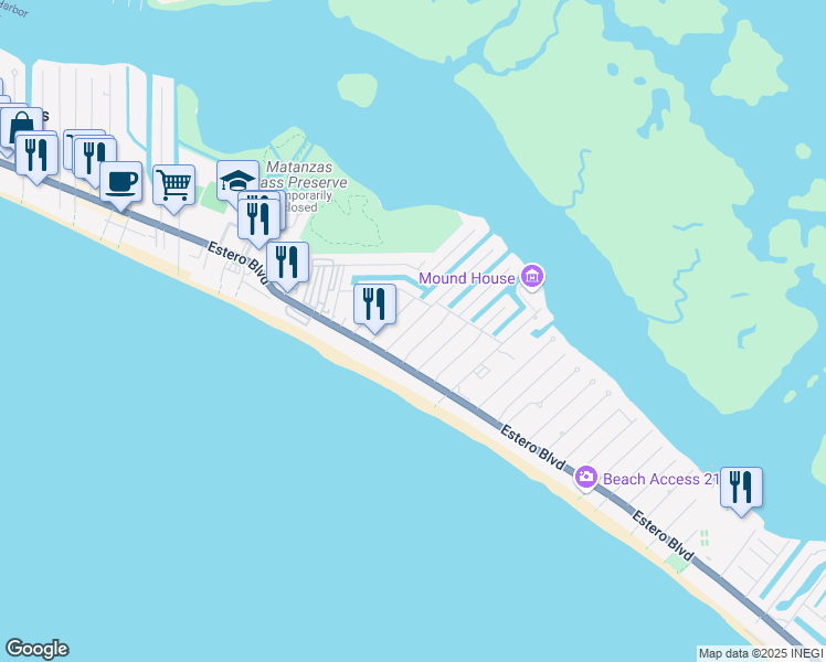 map of restaurants, bars, coffee shops, grocery stores, and more near 128 Eucalyptus Court in Fort Myers Beach