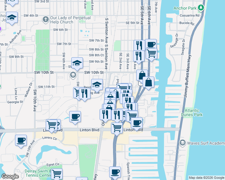 map of restaurants, bars, coffee shops, grocery stores, and more near 129 Central Avenue in Delray Beach