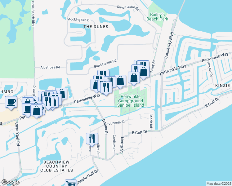 map of restaurants, bars, coffee shops, grocery stores, and more near 1203 Periwinkle Way in Sanibel