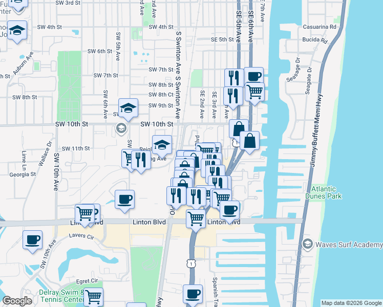 map of restaurants, bars, coffee shops, grocery stores, and more near 17 Central Avenue in Delray Beach