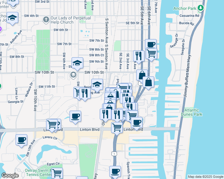 map of restaurants, bars, coffee shops, grocery stores, and more near 129 Central Avenue in Delray Beach