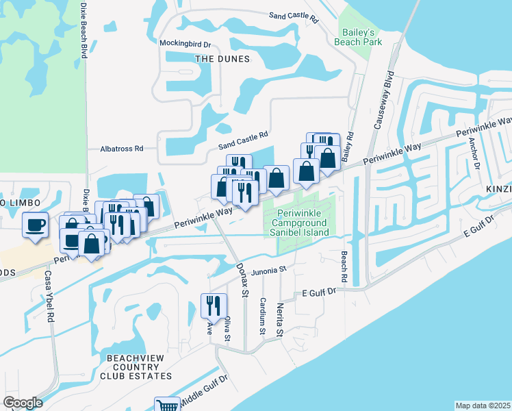 map of restaurants, bars, coffee shops, grocery stores, and more near 1203 Periwinkle Way in Sanibel