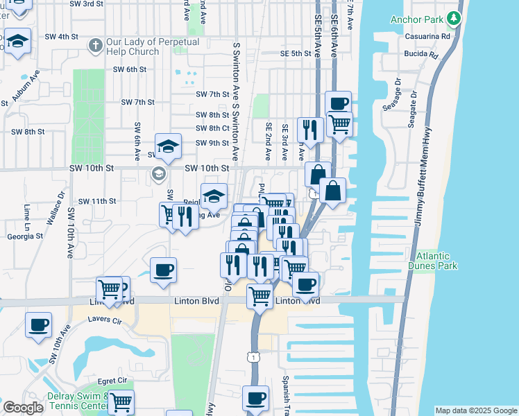 map of restaurants, bars, coffee shops, grocery stores, and more near 129 Central Avenue in Delray Beach