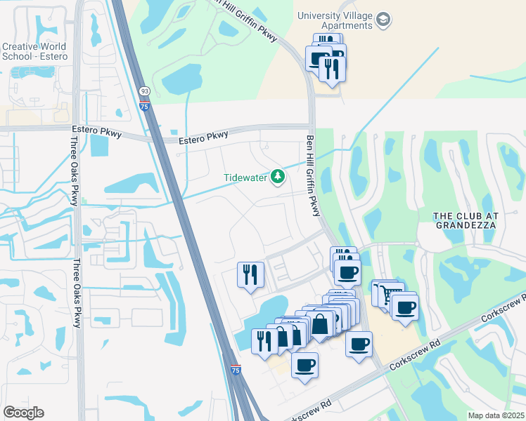 map of restaurants, bars, coffee shops, grocery stores, and more near 20106 Tavernier Drive in Estero