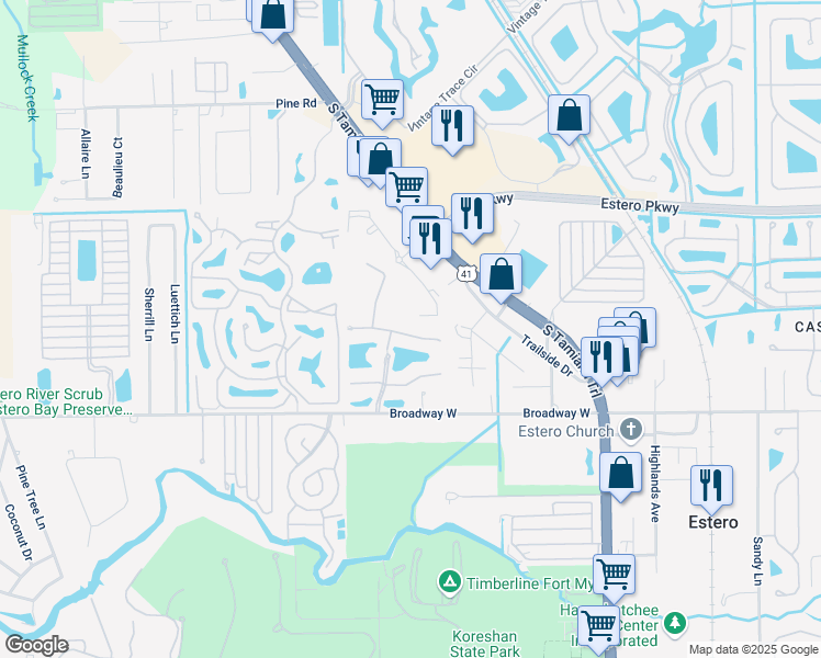 map of restaurants, bars, coffee shops, grocery stores, and more near 3757 Pino Vista Way in Estero