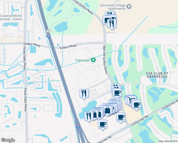 map of restaurants, bars, coffee shops, grocery stores, and more near 20114 Tavernier Drive in Estero