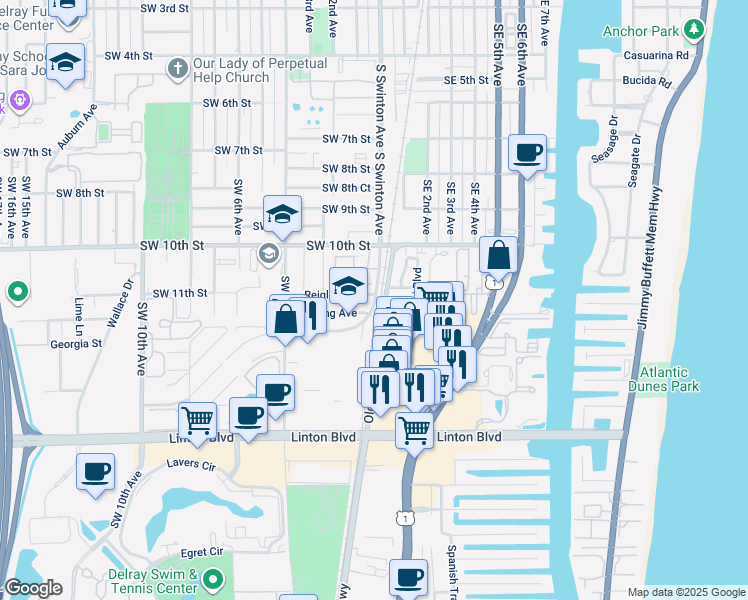 map of restaurants, bars, coffee shops, grocery stores, and more near 1102 Swinton Avenue in Delray Beach