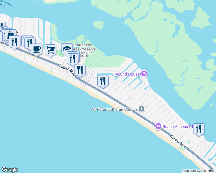 map of restaurants, bars, coffee shops, grocery stores, and more near 128 Eucalyptus Court in Fort Myers Beach