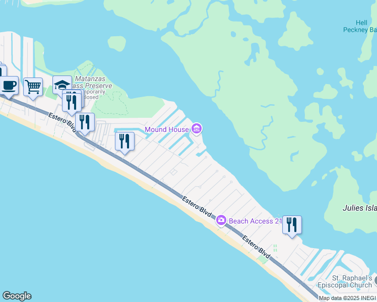 map of restaurants, bars, coffee shops, grocery stores, and more near 405 Connecticut Street in Fort Myers Beach