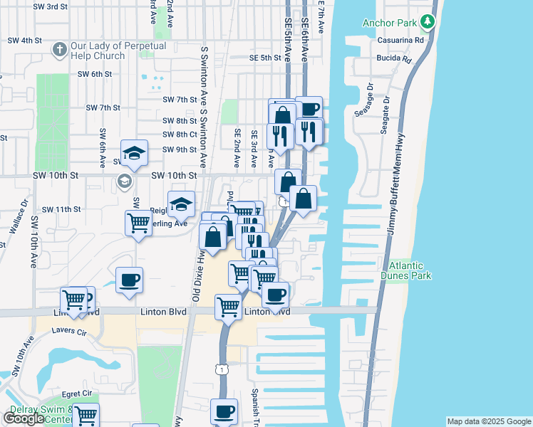map of restaurants, bars, coffee shops, grocery stores, and more near 1050 South Federal Highway in Delray Beach