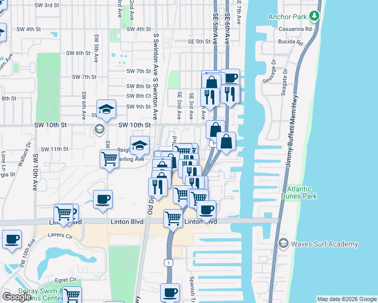 map of restaurants, bars, coffee shops, grocery stores, and more near 211 Southeast 12th Road in Delray Beach