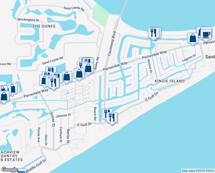 map of restaurants, bars, coffee shops, grocery stores, and more near 999 Whelk Drive in Sanibel