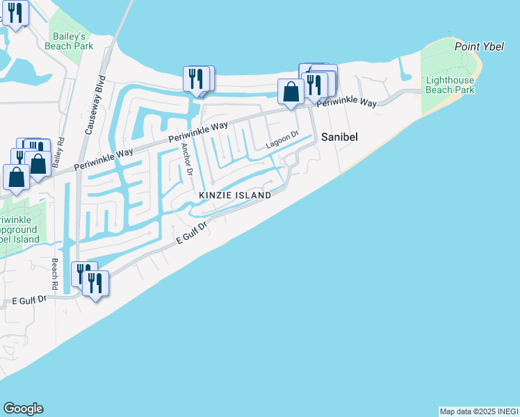 map of restaurants, bars, coffee shops, grocery stores, and more near 527 East Gulf Drive in Sanibel