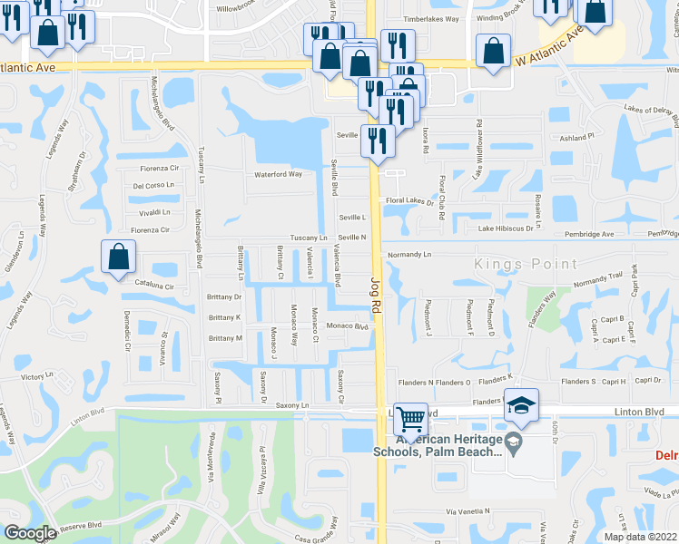 map of restaurants, bars, coffee shops, grocery stores, and more near 62 Valencia C in Delray Beach