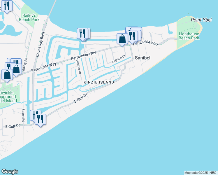map of restaurants, bars, coffee shops, grocery stores, and more near 527 East Gulf Drive in Sanibel