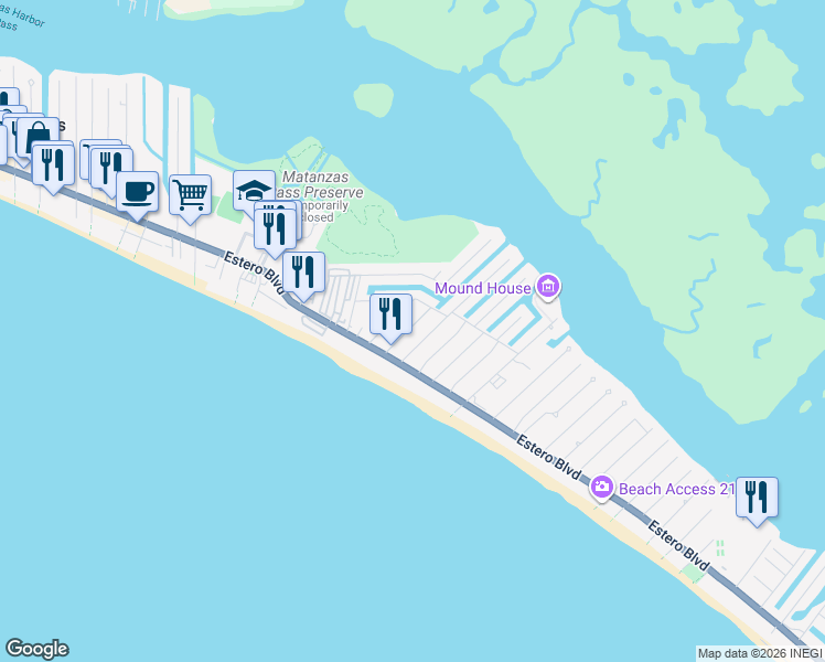 map of restaurants, bars, coffee shops, grocery stores, and more near 130 Eucalyptus Court in Fort Myers Beach