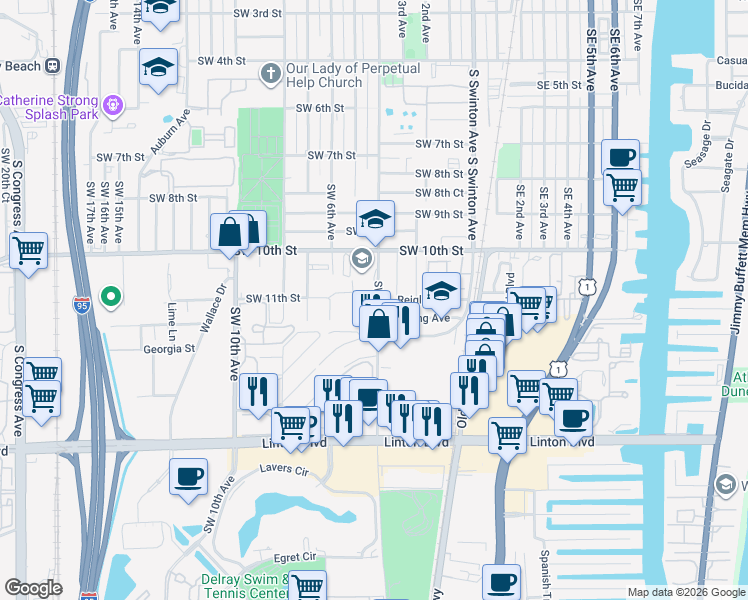 map of restaurants, bars, coffee shops, grocery stores, and more near 1100 Southwest 4th Avenue in Delray Beach