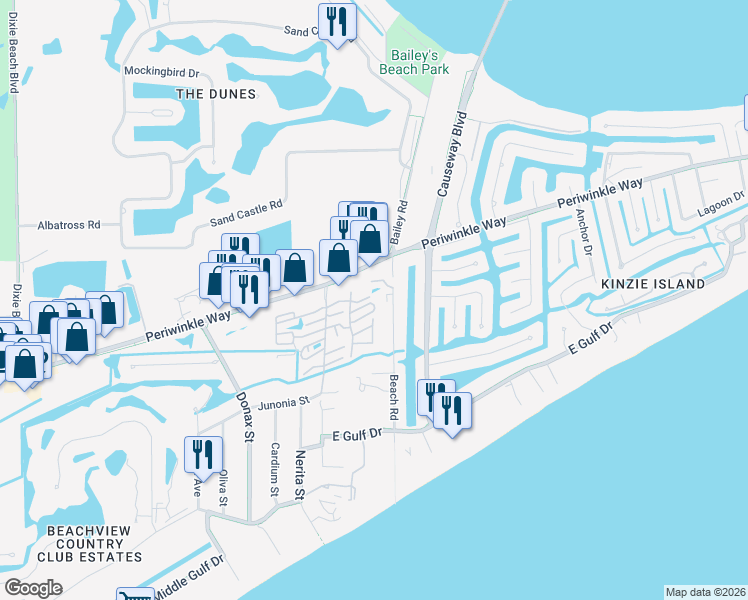 map of restaurants, bars, coffee shops, grocery stores, and more near 1119 Periwinkle Way in Sanibel