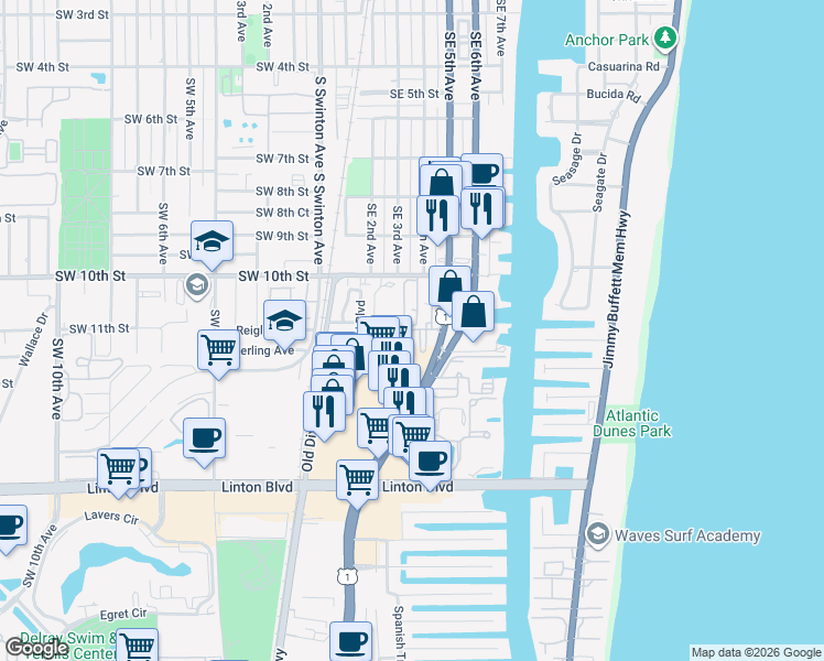 map of restaurants, bars, coffee shops, grocery stores, and more near Franklin Club Drive in Delray Beach