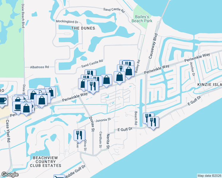 map of restaurants, bars, coffee shops, grocery stores, and more near 1157 Periwinkle Way in Sanibel