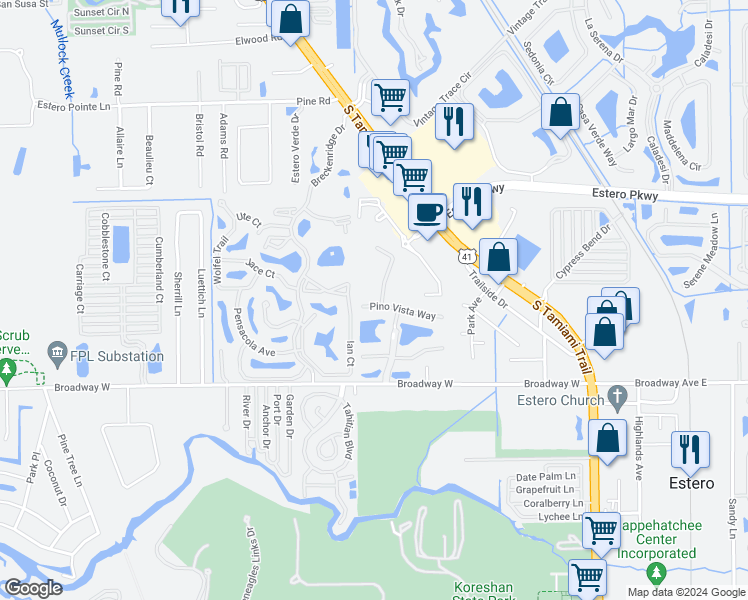 map of restaurants, bars, coffee shops, grocery stores, and more near 3788 Pino Vista Way in Estero