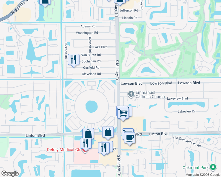 map of restaurants, bars, coffee shops, grocery stores, and more near 15493 Bottlebrush Circle in Delray Beach