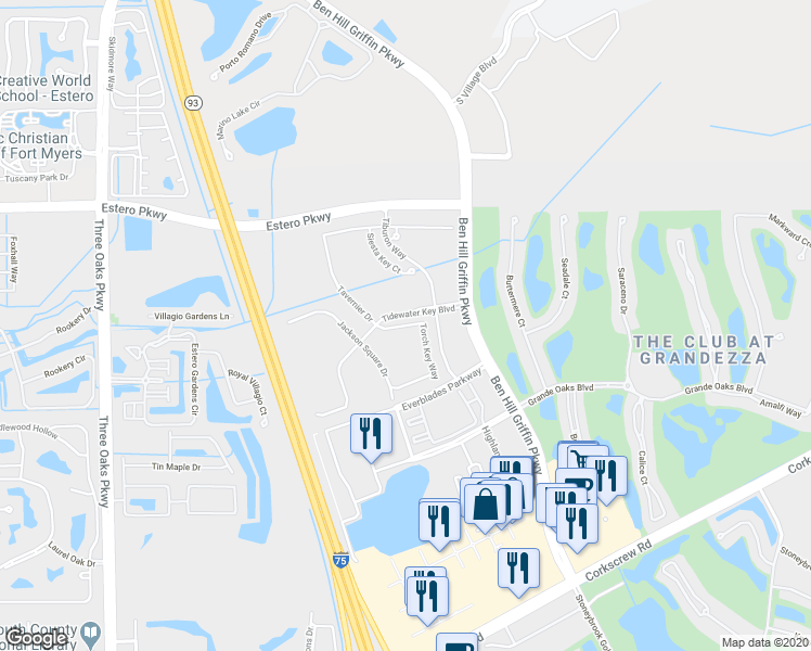 map of restaurants, bars, coffee shops, grocery stores, and more near 20114 Tavernier Drive in Estero