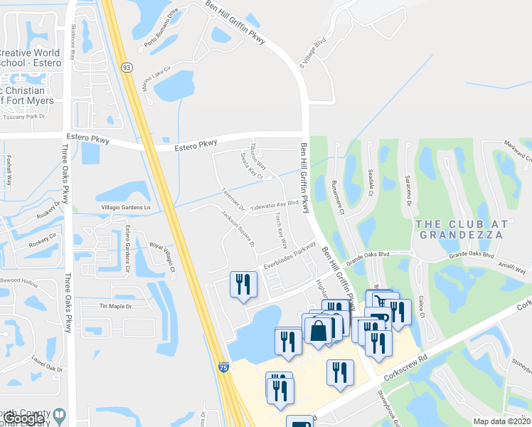 map of restaurants, bars, coffee shops, grocery stores, and more near 20080 Tavernier Drive in Estero