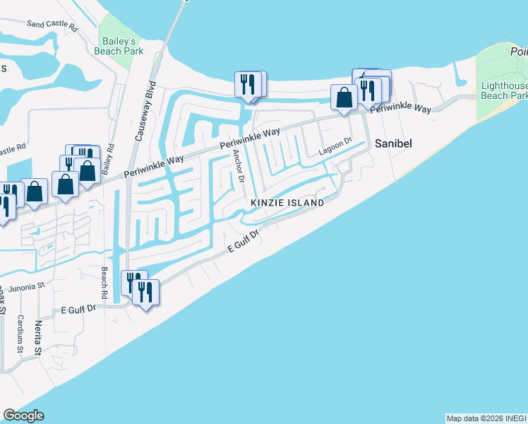 map of restaurants, bars, coffee shops, grocery stores, and more near 668 Kinzie Island Court in Sanibel