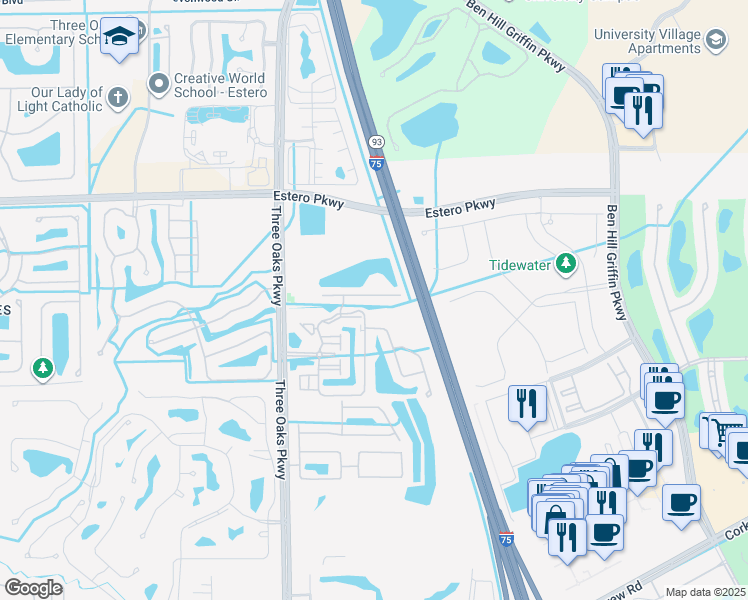 map of restaurants, bars, coffee shops, grocery stores, and more near 10017 Villagio Gardens Court in Estero