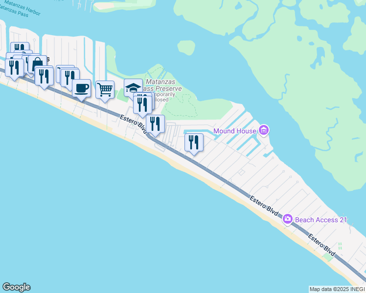 map of restaurants, bars, coffee shops, grocery stores, and more near 3051 Estero Boulevard in Fort Myers Beach