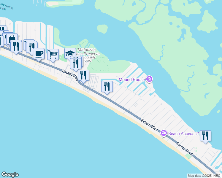 map of restaurants, bars, coffee shops, grocery stores, and more near 128 Eucalyptus Court in Fort Myers Beach