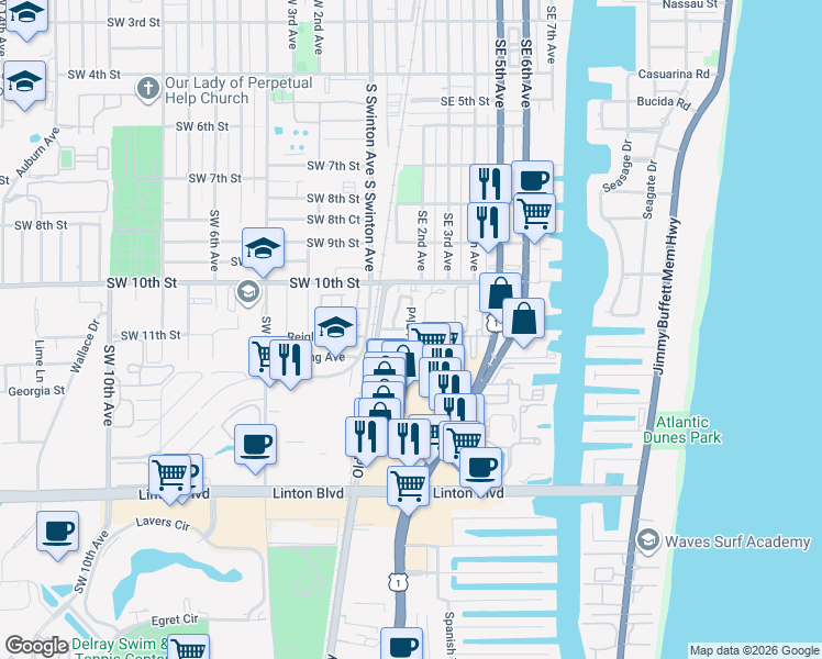 map of restaurants, bars, coffee shops, grocery stores, and more near Miami Boulevard in Delray Beach