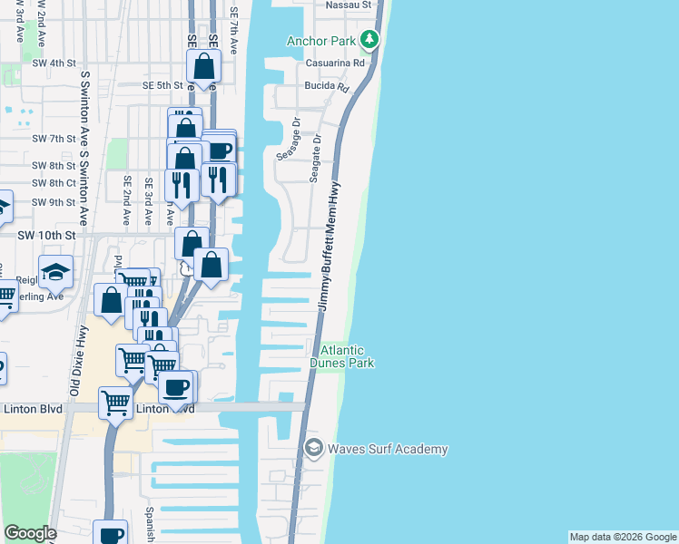 map of restaurants, bars, coffee shops, grocery stores, and more near 1107 South Ocean Boulevard in Delray Beach