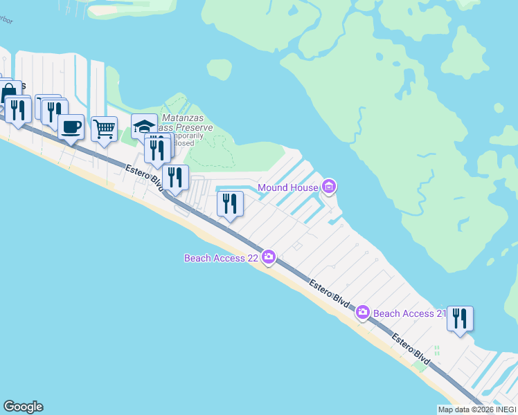 map of restaurants, bars, coffee shops, grocery stores, and more near 171 Washington Avenue in Fort Myers Beach
