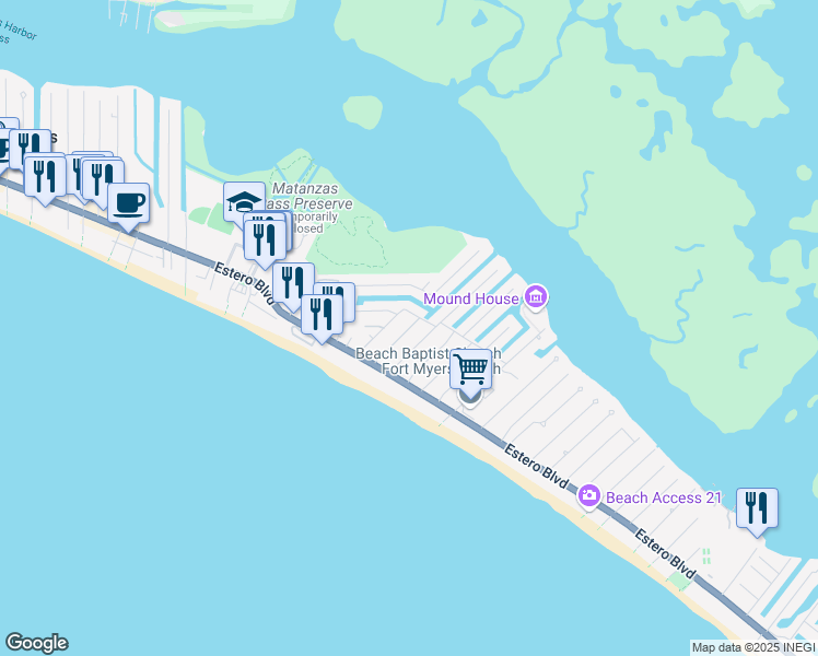 map of restaurants, bars, coffee shops, grocery stores, and more near 151 Eucalyptus Court in Fort Myers Beach