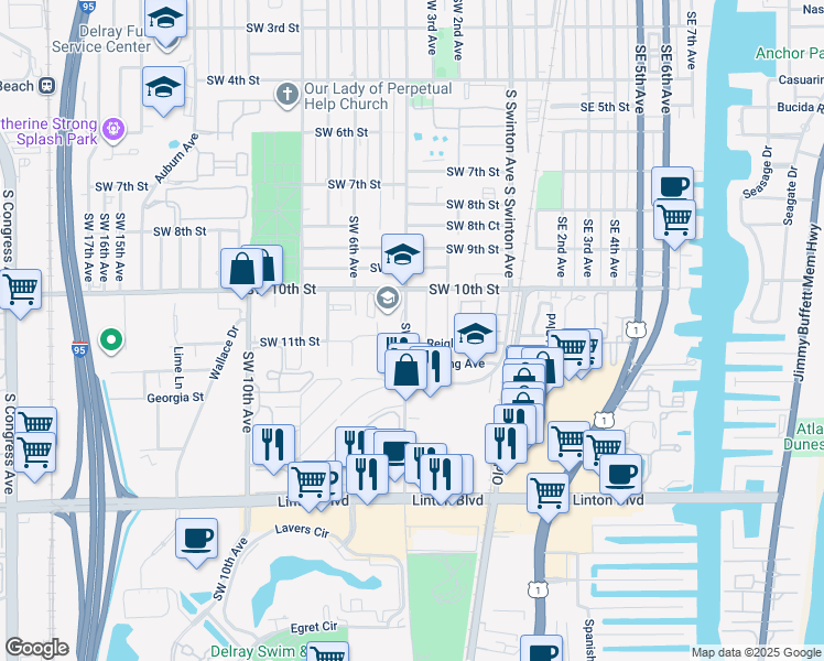 map of restaurants, bars, coffee shops, grocery stores, and more near 1100 Southwest 4th Avenue in Delray Beach