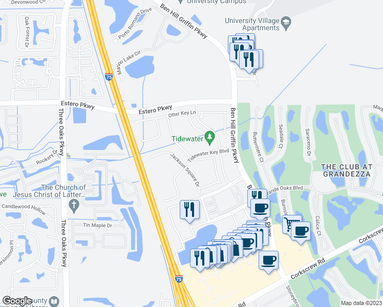 map of restaurants, bars, coffee shops, grocery stores, and more near 20087 Tavernier Drive in Estero