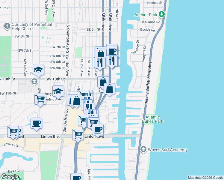map of restaurants, bars, coffee shops, grocery stores, and more near 1055 South Federal Highway in Delray Beach