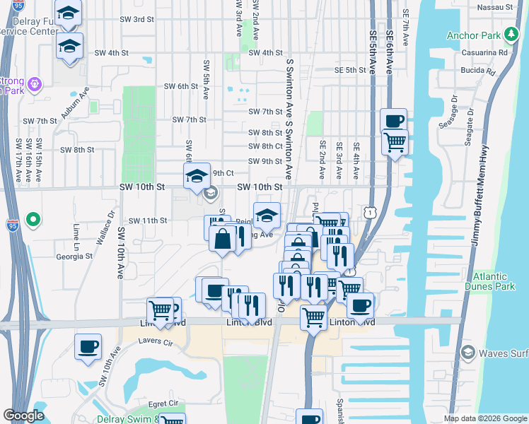map of restaurants, bars, coffee shops, grocery stores, and more near 123 South Longport Circle in Delray Beach